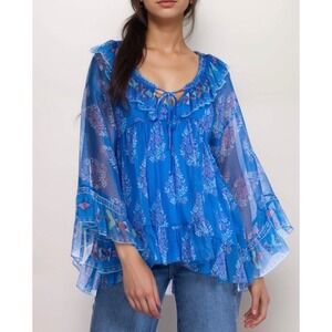 NEW Johnny Was Silk Gal Ruffle Tie Blouse + Tank Top Size S Floral Boho Sheer